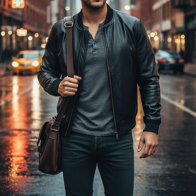 Men's Black Leather Bomber Jacket - Genuine Leather Classic Style - JacketSuiting