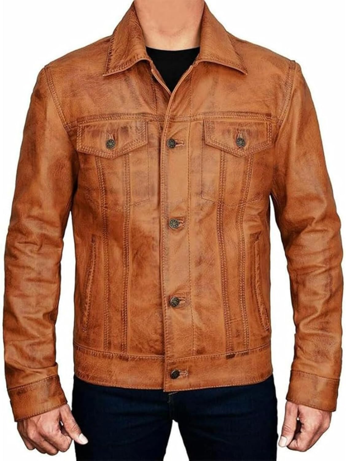 Men's Leather Jacket - Trucker Fashion Shirt Style Coat - JacketSuiting