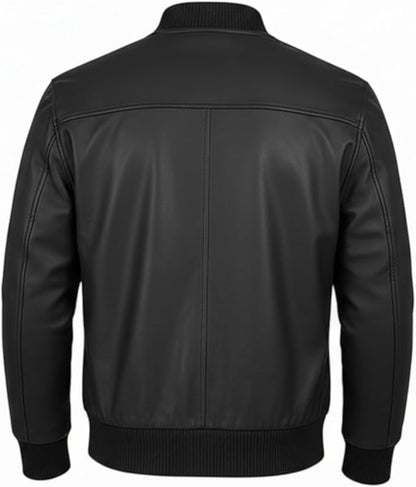 Men's Black Leather Bomber Jacket - Genuine Leather Classic Style - JacketSuiting