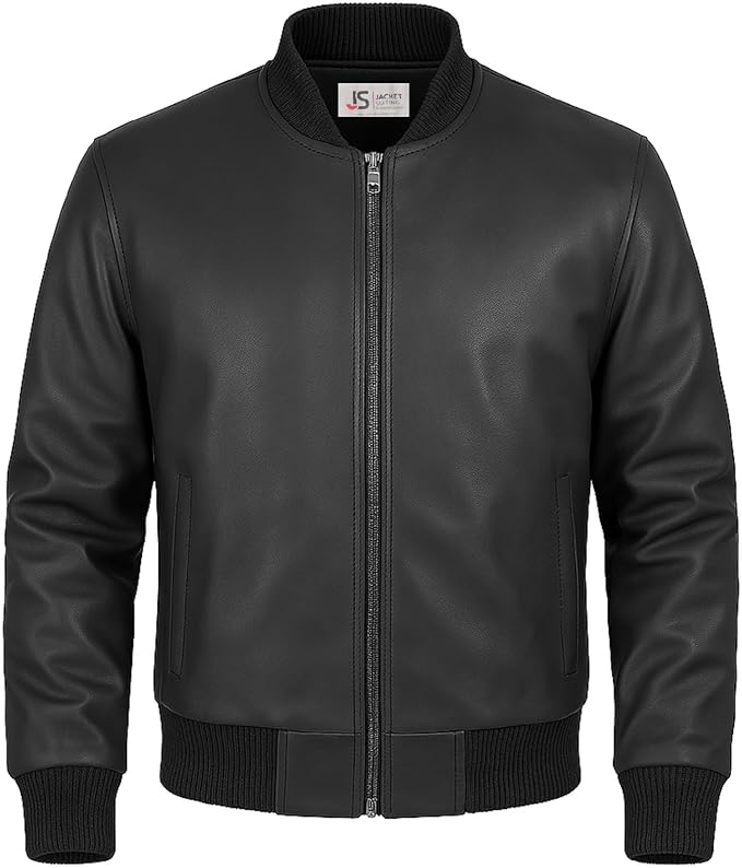 Men's Black Leather Bomber Jacket - Genuine Leather Classic Style - JacketSuiting