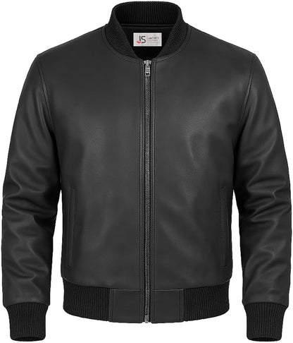 Men's Black Leather Bomber Jacket - Genuine Leather Classic Style - JacketSuiting