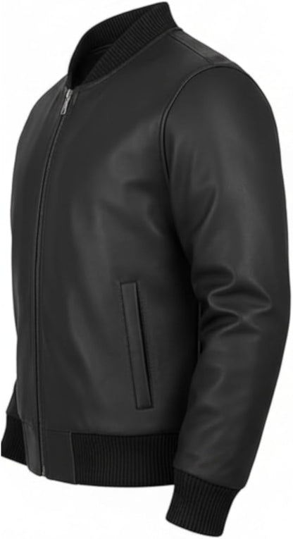 Men's Black Leather Bomber Jacket - Genuine Leather Classic Style - JacketSuiting