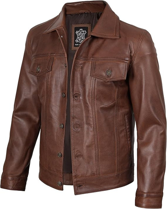 Men's Leather Jacket - Trucker Fashion Shirt Style Coat - JacketSuiting