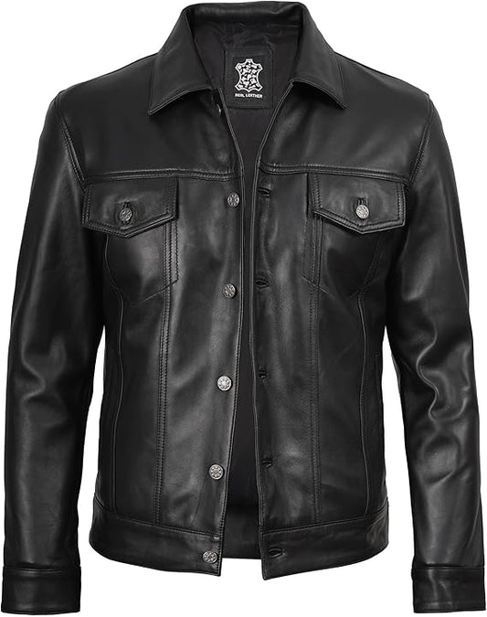 Men's Leather Jacket - Trucker Fashion Shirt Style Coat