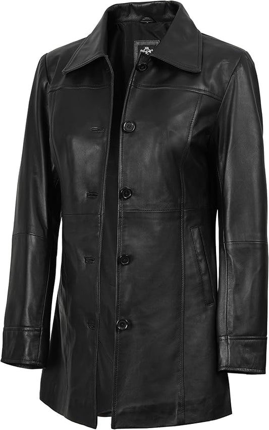 Women's Real Leather Car Coat - Lambskin 3/4 Length Jacket - JacketSuiting