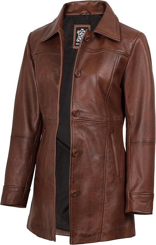 Women's Real Leather Car Coat - Lambskin 3/4 Length Jacket - JacketSuiting