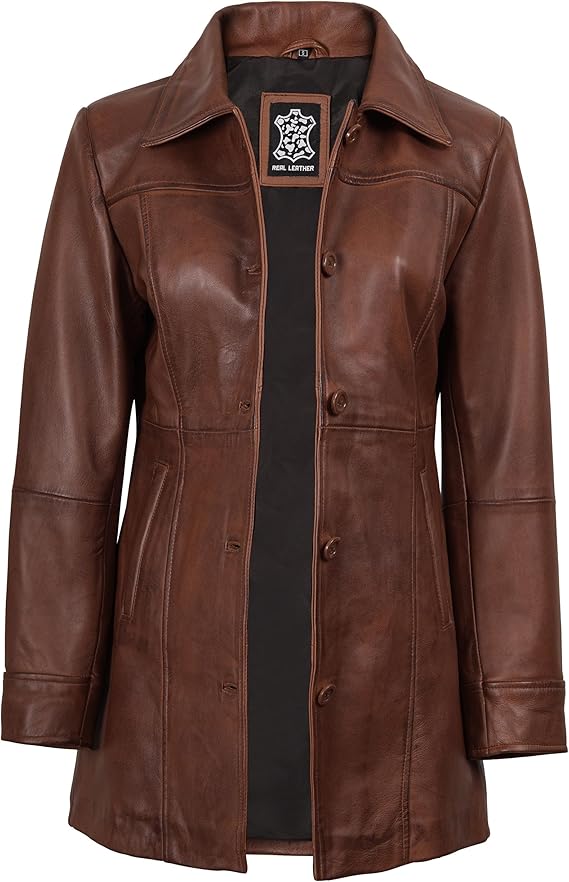 Women's Real Leather Car Coat - Lambskin 3/4 Length Jacket - JacketSuiting