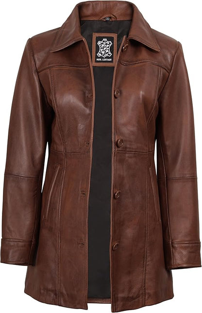 Women's Real Leather Car Coat - Lambskin 3/4 Length Jacket - JacketSuiting
