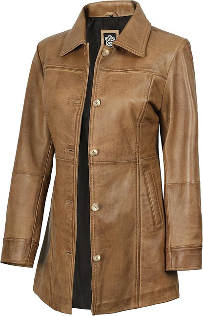 Women's Real Leather Car Coat - Lambskin 3/4 Length Jacket - JacketSuiting