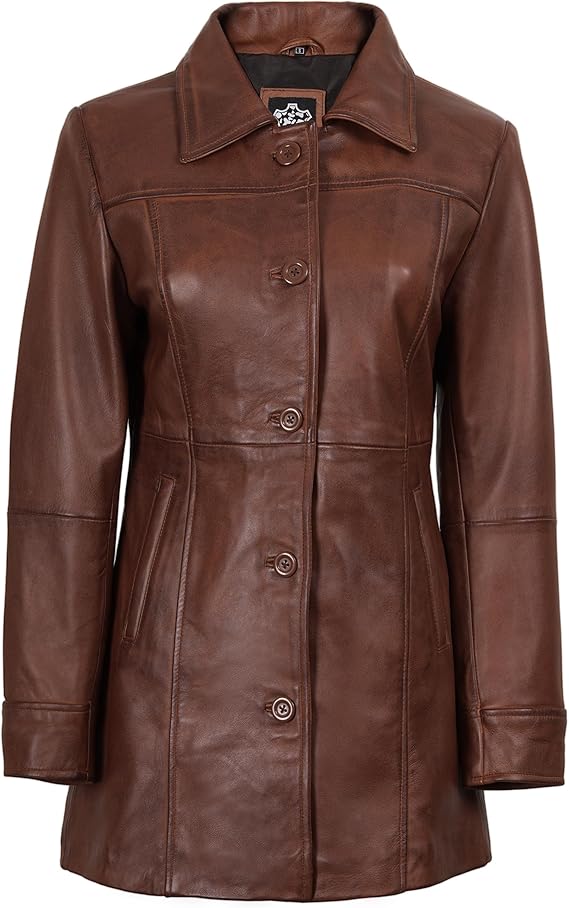 Women's Real Leather Car Coat - Lambskin 3/4 Length Jacket - JacketSuiting